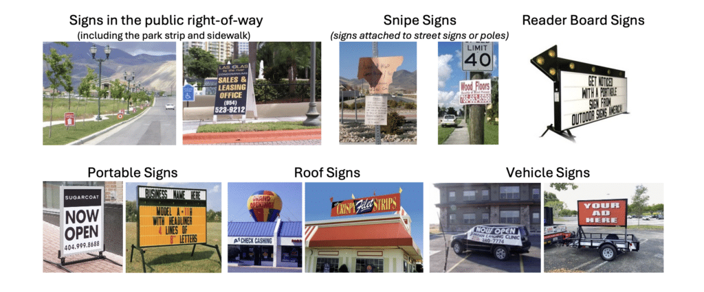A collage of various sign types: public right-of-way, snipe, reader board, portable, roof, and vehicle signs. Each category includes an image example, such as leasing, business ads, and directional signs.